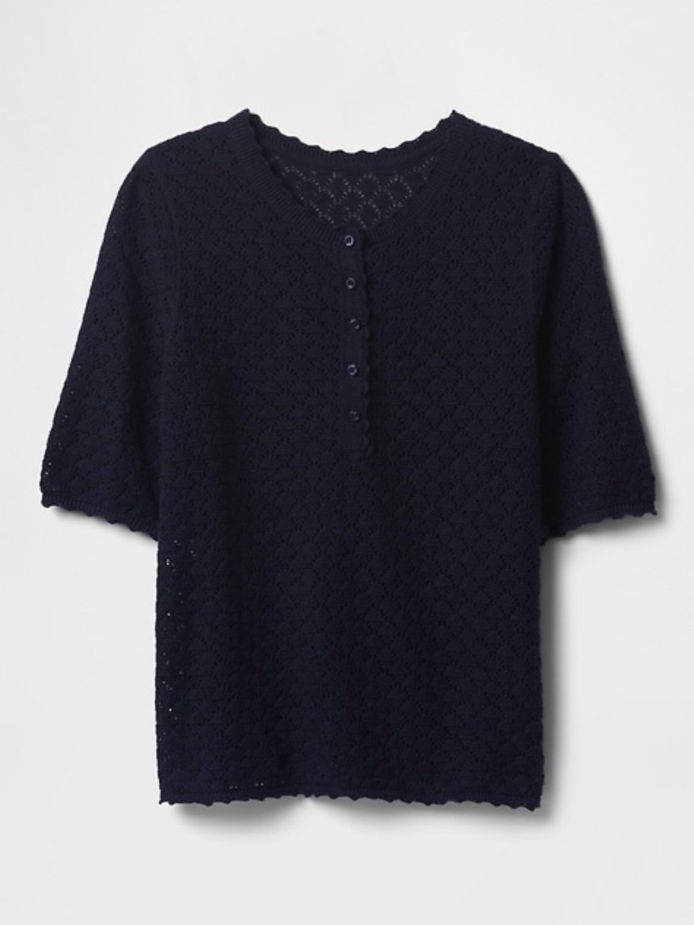 NWT GAP Navy Pointelle Crocheted Short-Sleeve Knit Henley Top Light Linen-Blend